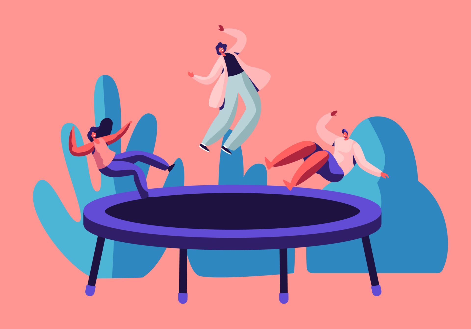 Group of Active Friends Jump and Bouncing on Trampoline Outdoors, Youth Fitness Center, Summer Time Attraction, Fun, Leisure, Sports Acrobatics Training, Entertainment Cartoon Flat Vector Illustration